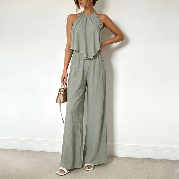 Halter Tie Back Textured Top And Wide Leg Pants Set