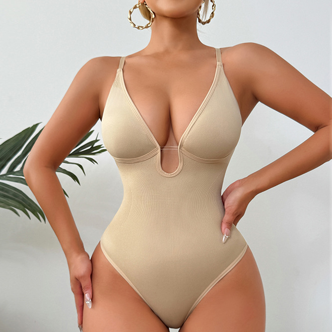 Deep‑V Cutout Spaghetti Strap Shapewear Bodysuit