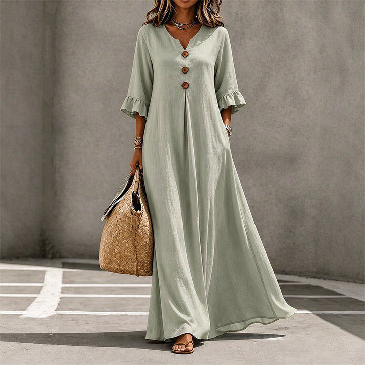 V-neck woven button-down ruffle sleeve long dress