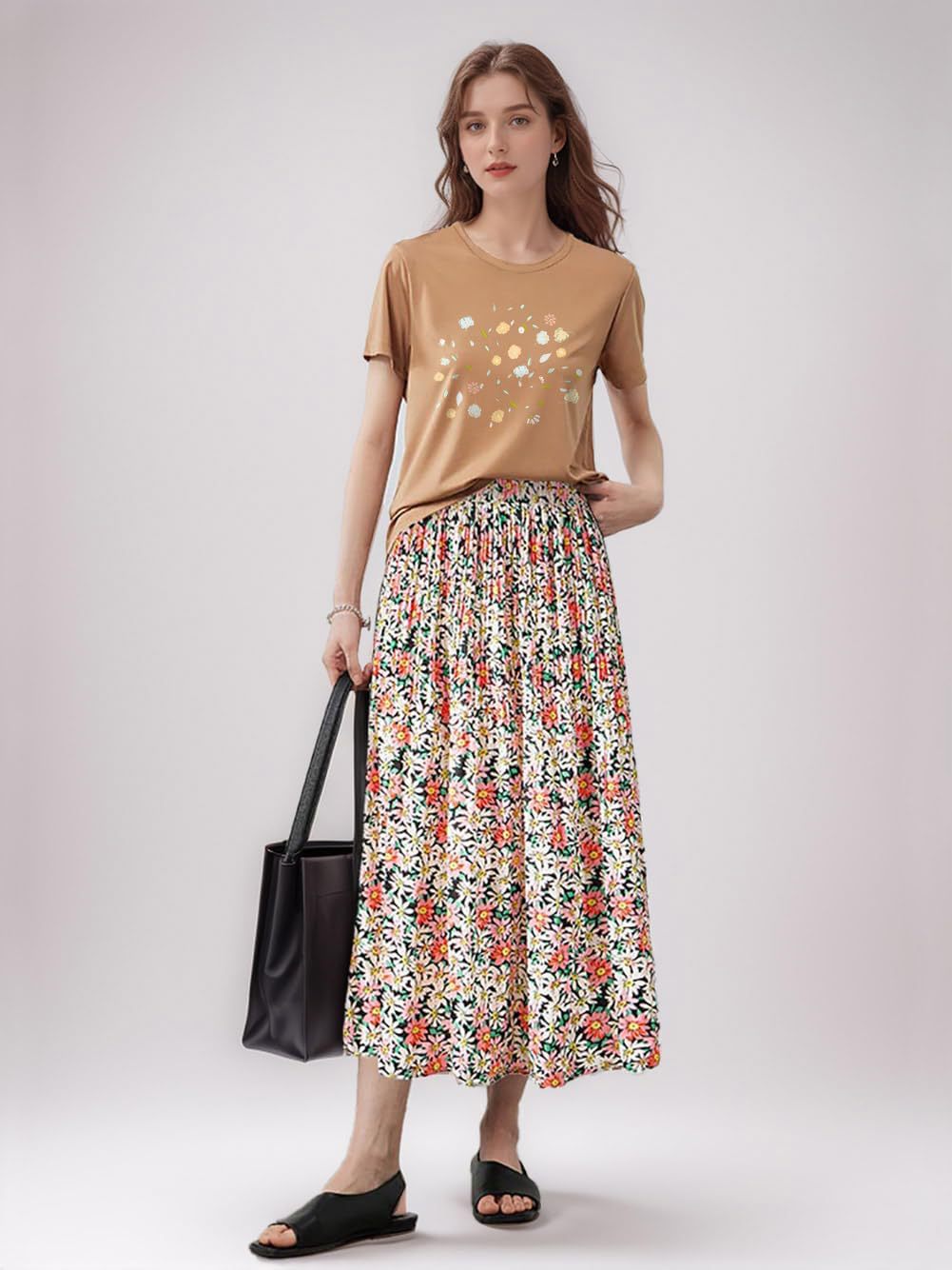 Boho Floral Tiered Midi Skirt, Elastic Waist Pleated A-Line Skirt