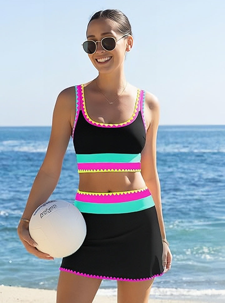 Neon Trim 3-Piece Tankini Swim Set with Skirt