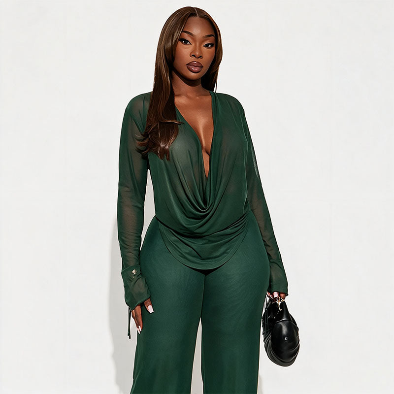 Lace-up Mesh Long-Sleeved Top and Pants Set