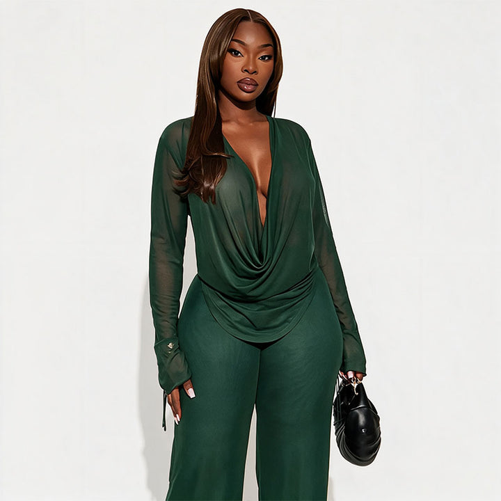 Lace-up Mesh Long-Sleeved Top and Pants Set