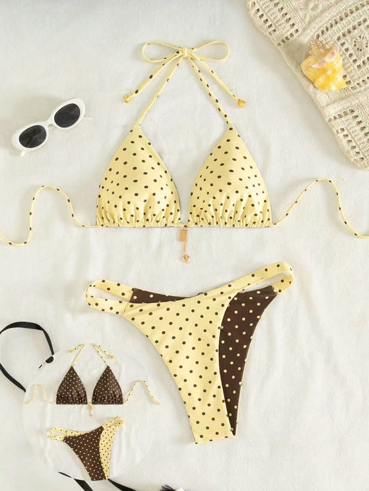 Reversible Polka Dot Halter Triangle Bikini Set | Yellow Brown Retro Y2K Swimsuit