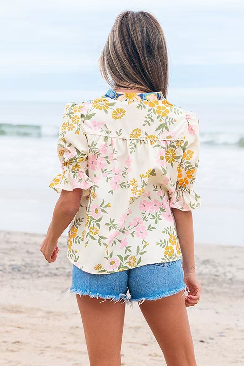 Boho Floral Puff Sleeve Blouse, V-Neck Colorful Embroidered Peplum Top