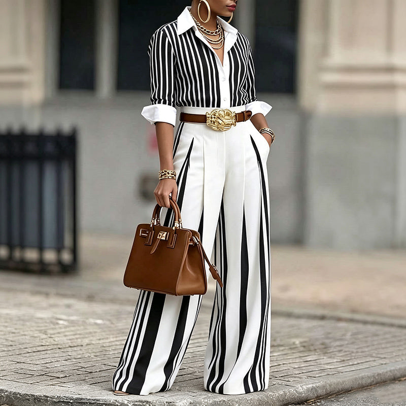 Striped Shirt And Wide Leg Pant Set