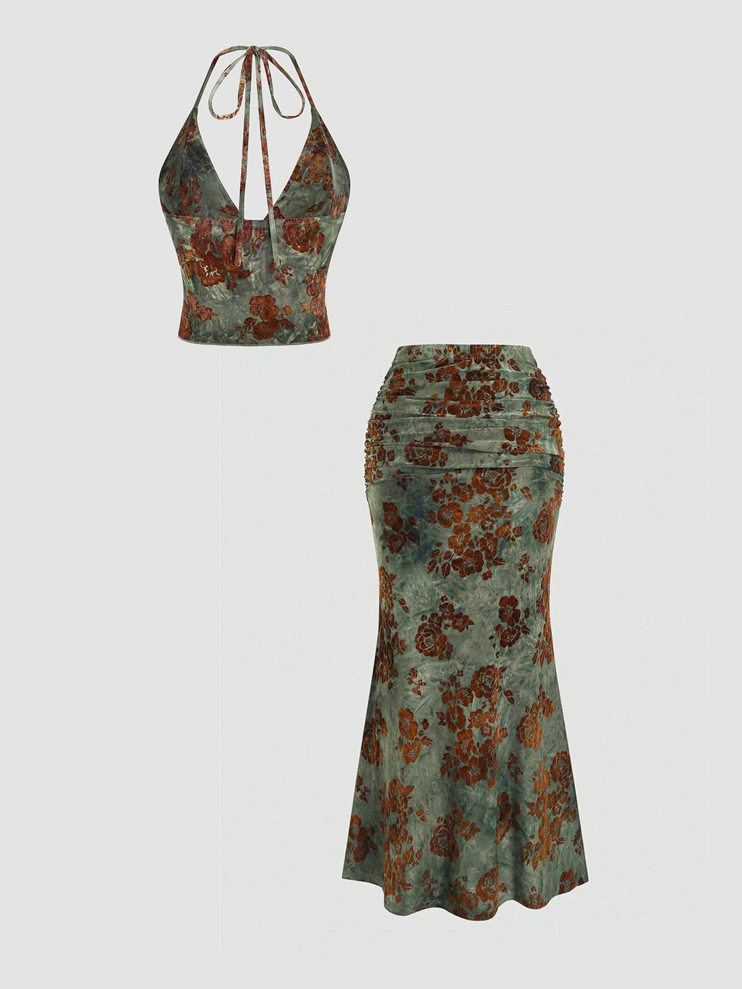 Floral Halter Top Ruched Midi Skirt Two-Piece Set