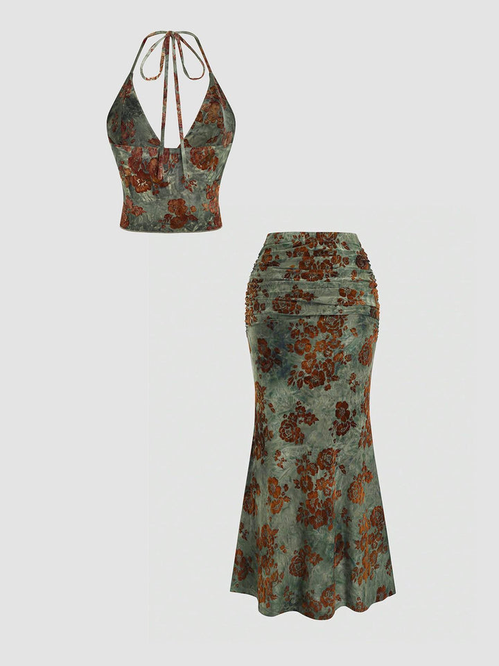 Floral Halter Top Ruched Midi Skirt Two-Piece Set