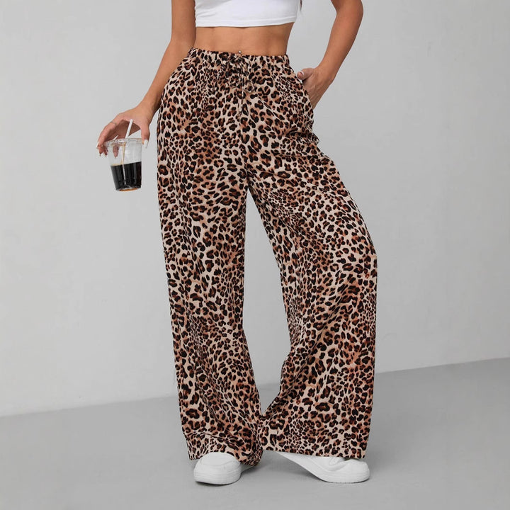 Leopard Print High-Waisted Wide Leg Pants, Elastic Waist Drawstring Trousers