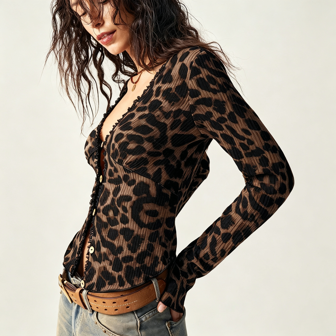 Leopard Print V Neck Button Cardigan