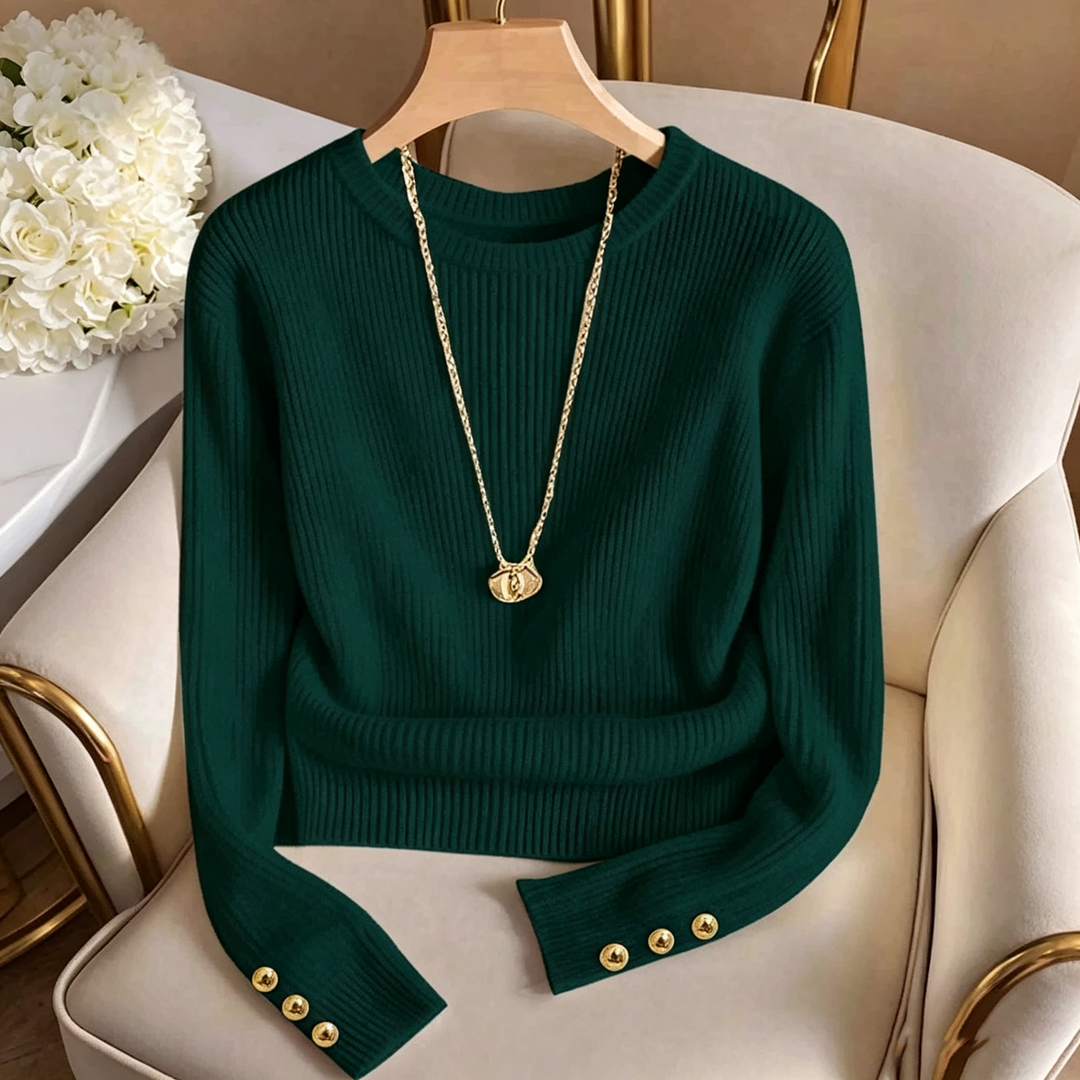 Crew Neck Long Sleeve Button Knit Sweater