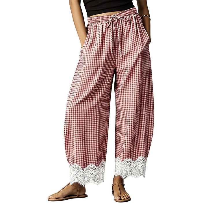 Lace-Trimmed Plaid Straight-Leg Wide-Leg Trousers