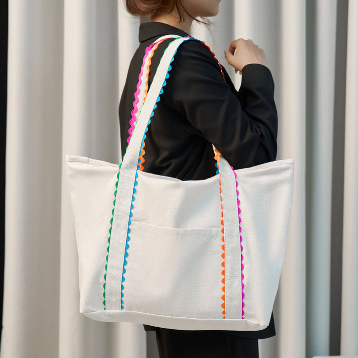 Colored Scalloped Cotton Tote Bag with Pouch, Canvas Mother &amp; Daughter Bags
