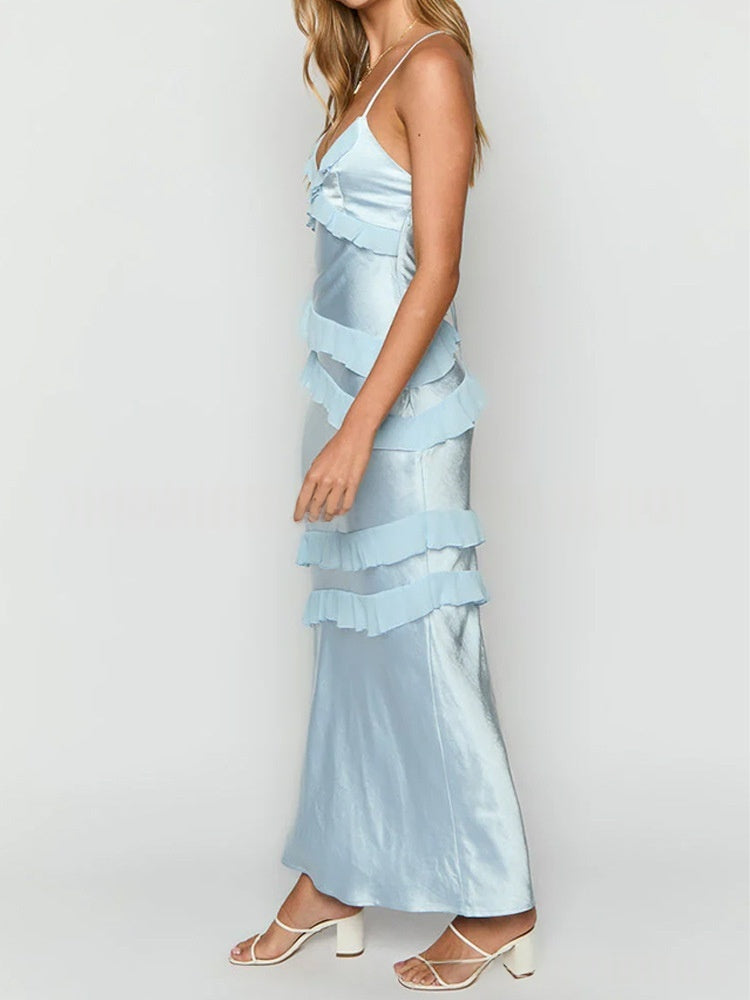 Satin Open Back Maxi Dress | Deep V Ruffle Asymmetrical Slip Evening Gown