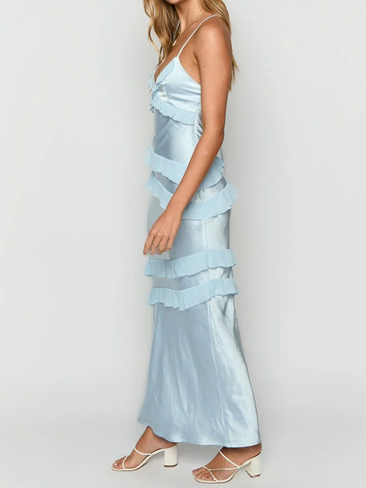 Satin Open Back Maxi Dress | Deep V Ruffle Asymmetrical Slip Evening Gown