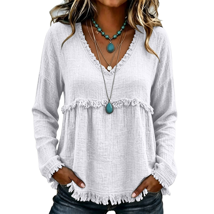 Boho Fray Trim V Neck Long Sleeve Top