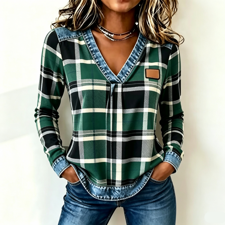 Denim Trim Plaid Print V Neck Top