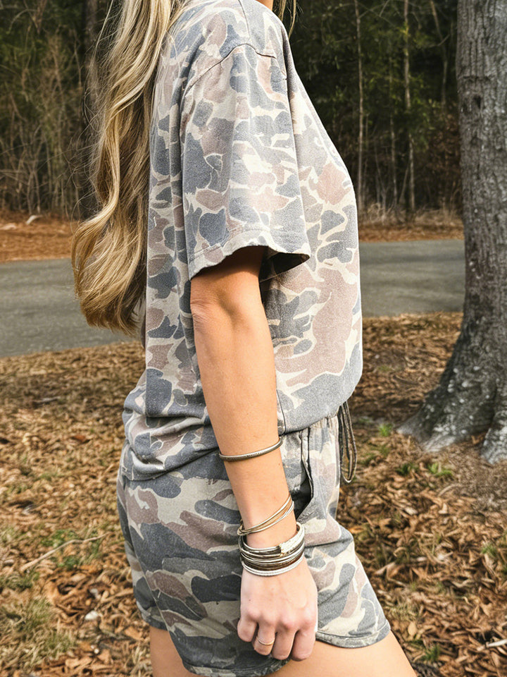 Soft Camouflage Loungewear Set, Oversized Tee &amp;amp; Drawstring Shorts