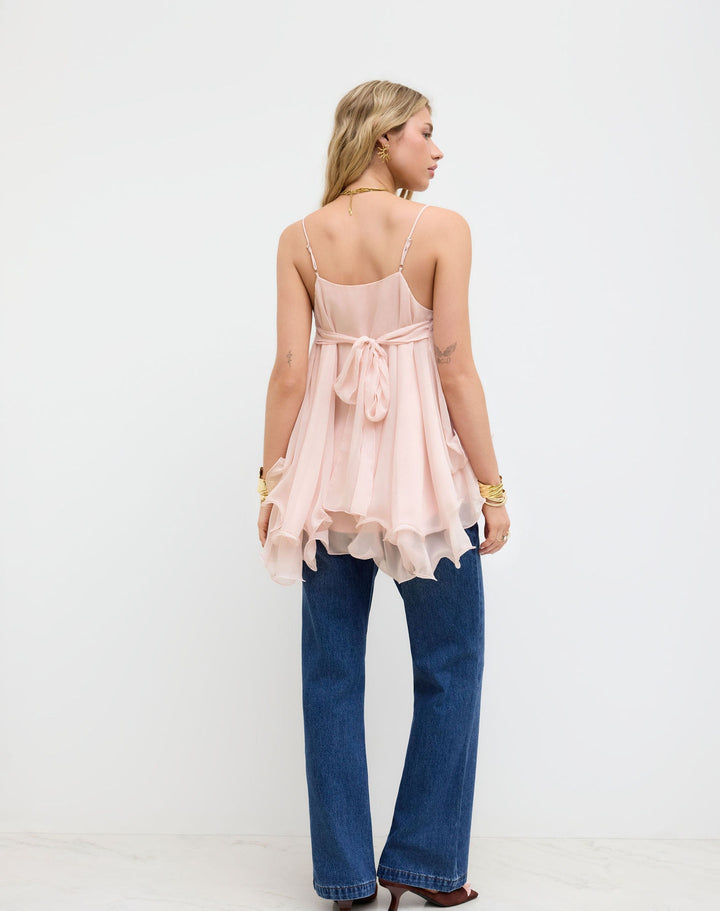Mother’s Day Blush Pink Ruffle Cami Top | V-Neck Chiffon Tie-Back Babydoll Tank