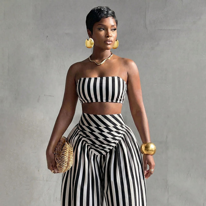 Striped strapless top and harem pants set