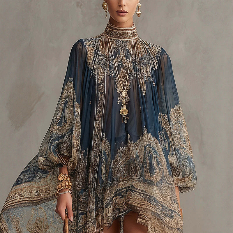 High-neck printed loose chiffon dress