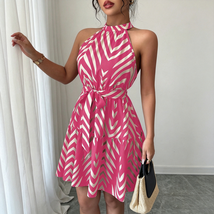 Halter Neck Tie Waist Swing Mini Dress