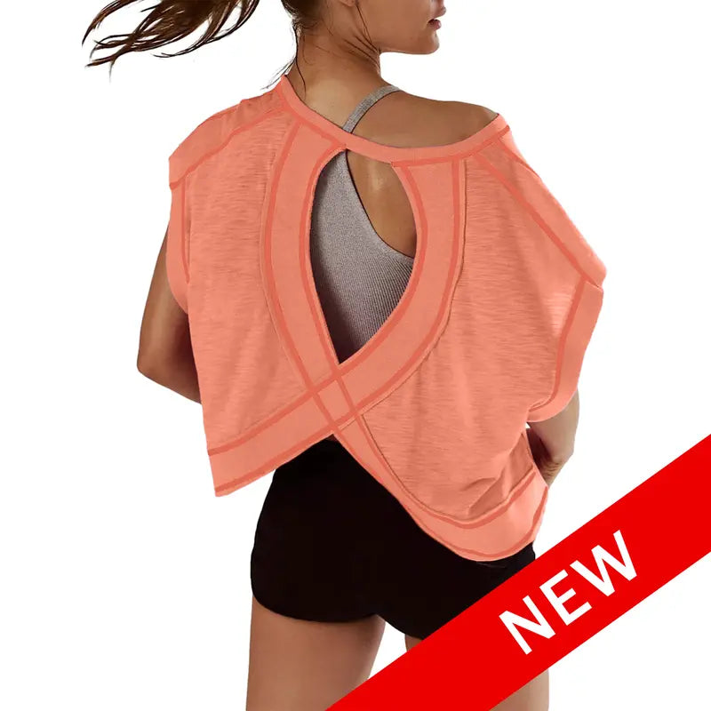 Open-Back Cropped Athletic Tee, Breathable Twist-Back Workout Top
