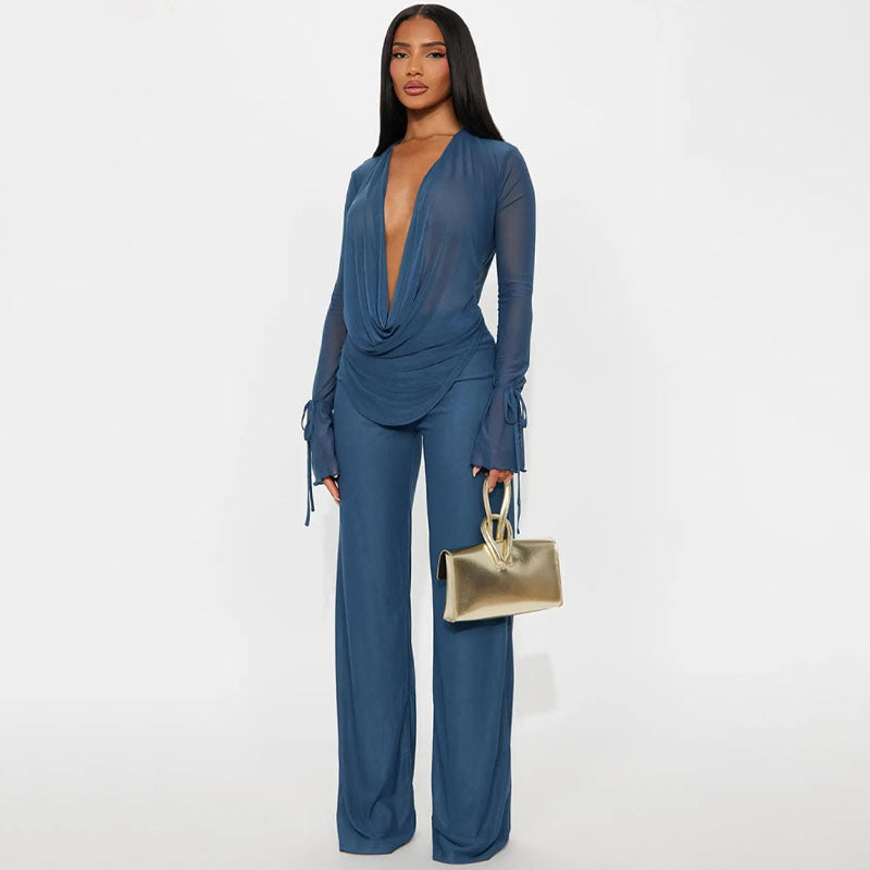 Lace-up Mesh Long-Sleeved Top and Pants Set