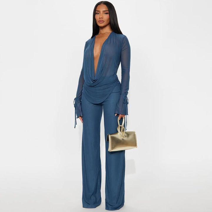 Lace-up Mesh Long-Sleeved Top and Pants Set