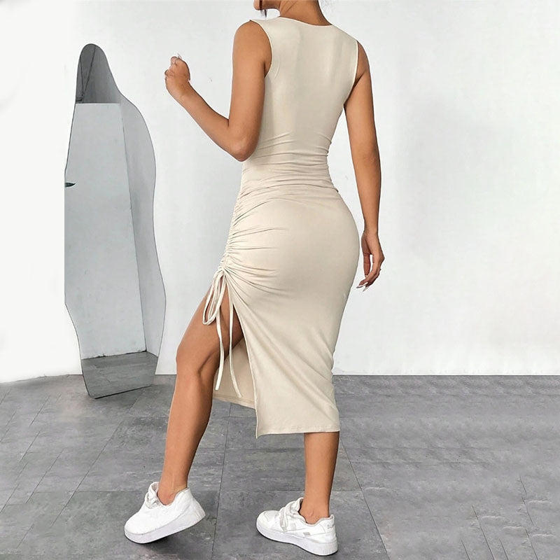 Sleeveless high-slit drawstring maxi dress
