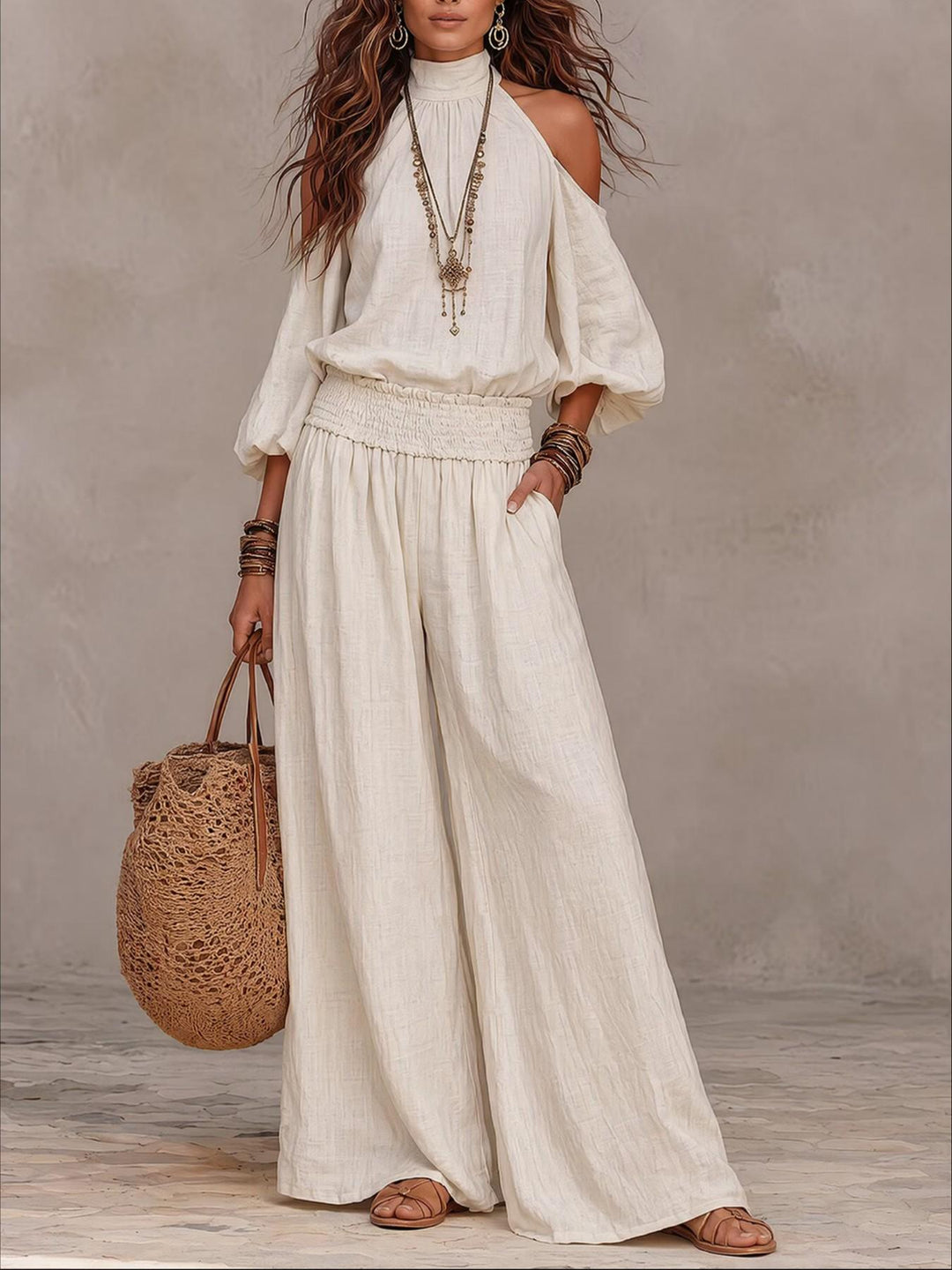 Cold Shoulder Halter Neck Linen Blend Two Piece Set