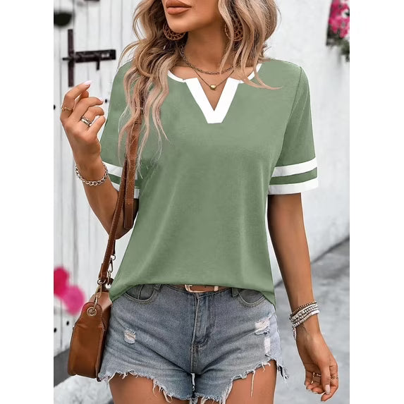 Slub Knit Crew Neck T-Shirt – Heather Grey Contrast Trim Casual Short Sleeve Top