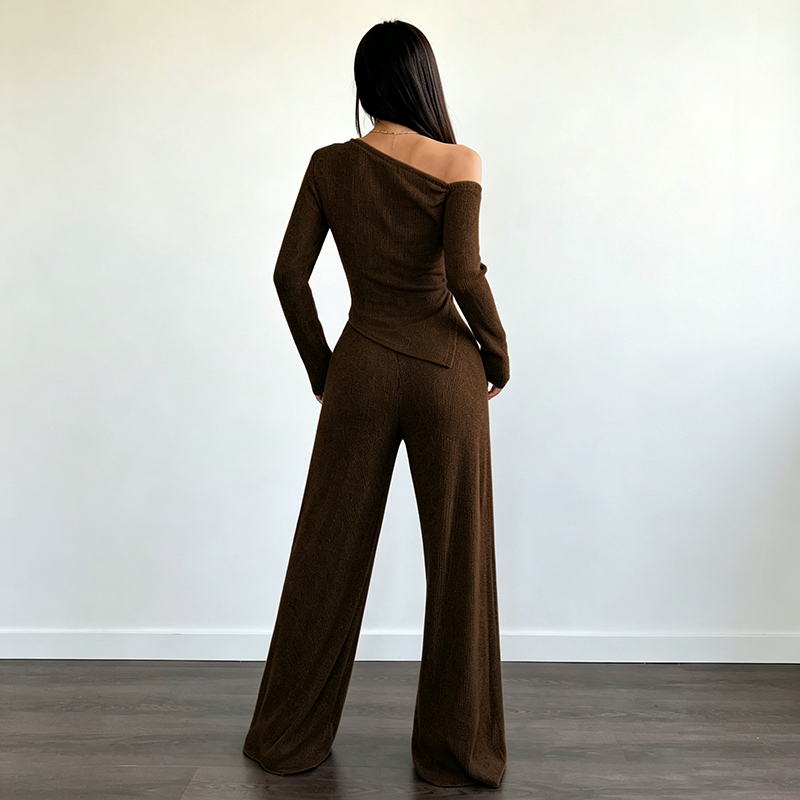 Solid-color off-shoulder long-sleeve top and pants set