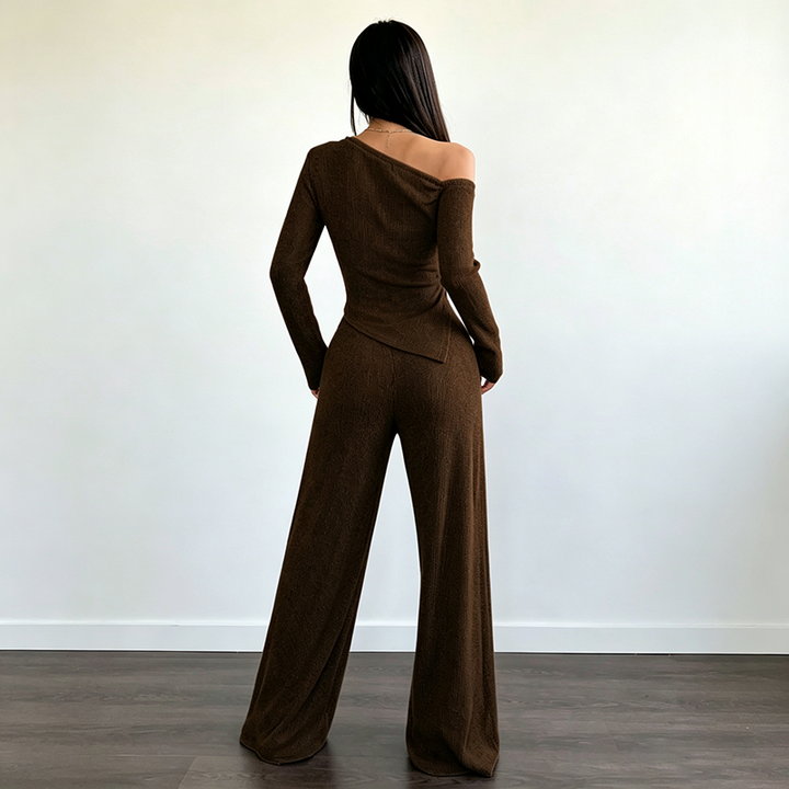 Solid-color off-shoulder long-sleeve top and pants set