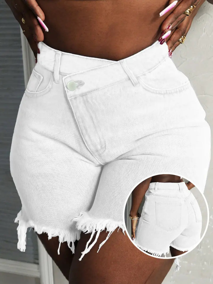Light Wash Crossover Waist Frayed Denim Shorts
