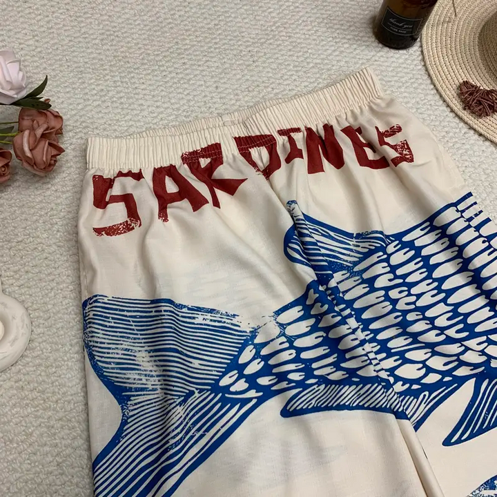 Vintage Blue Fish Print Elastic Waist Wide Leg Beach Pants With Pocket
