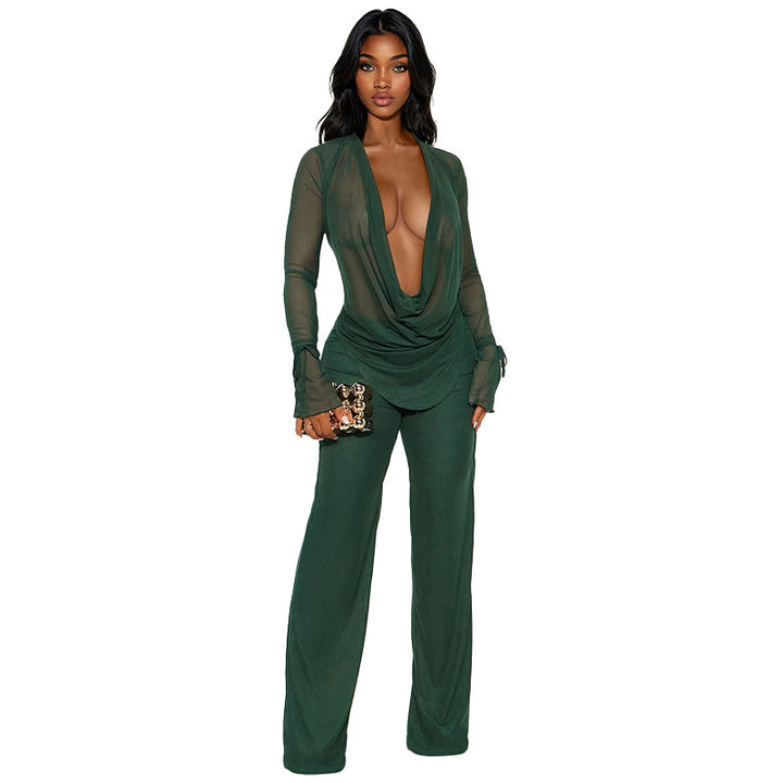 Lace-up Mesh Long-Sleeved Top and Pants Set