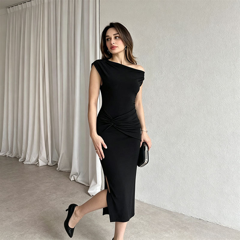 One-shoulder ruched and slit dress