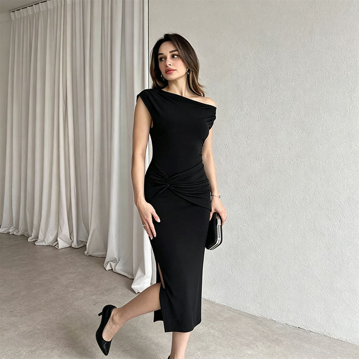 One-shoulder ruched and slit dress