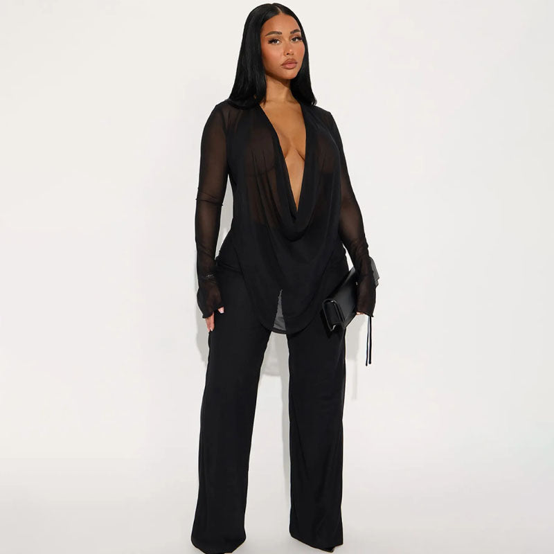 Lace-up Mesh Long-Sleeved Top and Pants Set