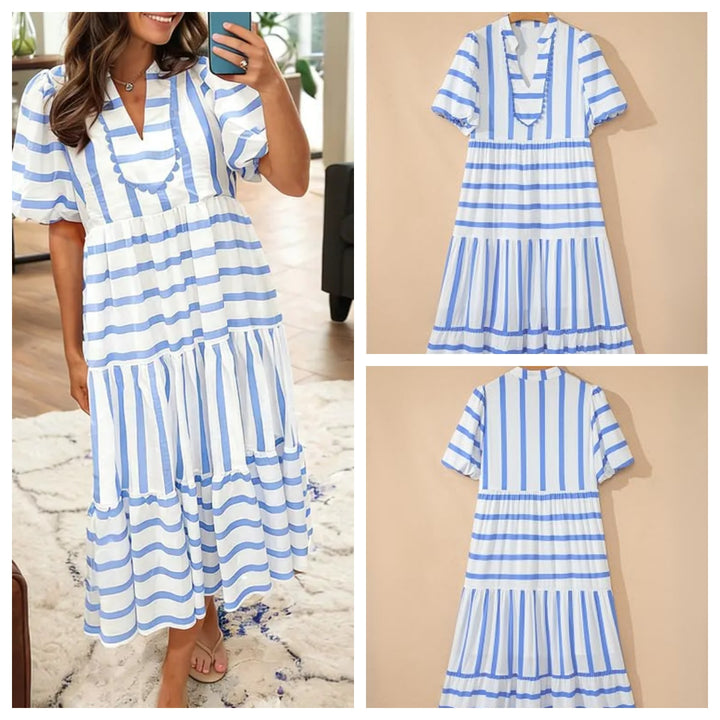 Blue &amp;amp; White Stripe Tiered Midi Dress