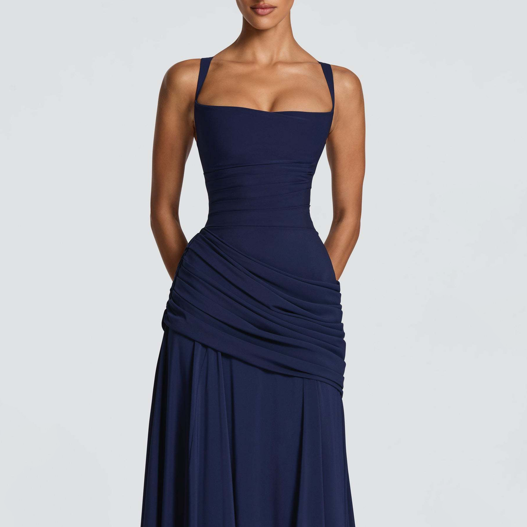 Minimalist Square Neck Ruched Waist Floor Gown
