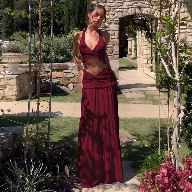 Halter Crop Top &amp;amp; Tiered Maxi Skirt Two-Piece Set