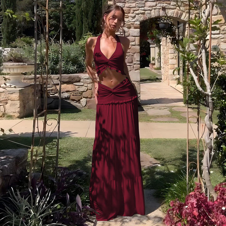 Halter Crop Top &amp;amp; Tiered Maxi Skirt Two-Piece Set