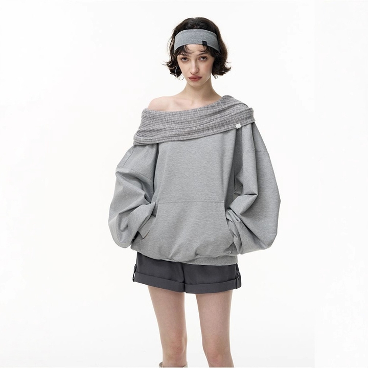Off Shoulder Pocket Front Loose Long Sleeve Sweatshirt