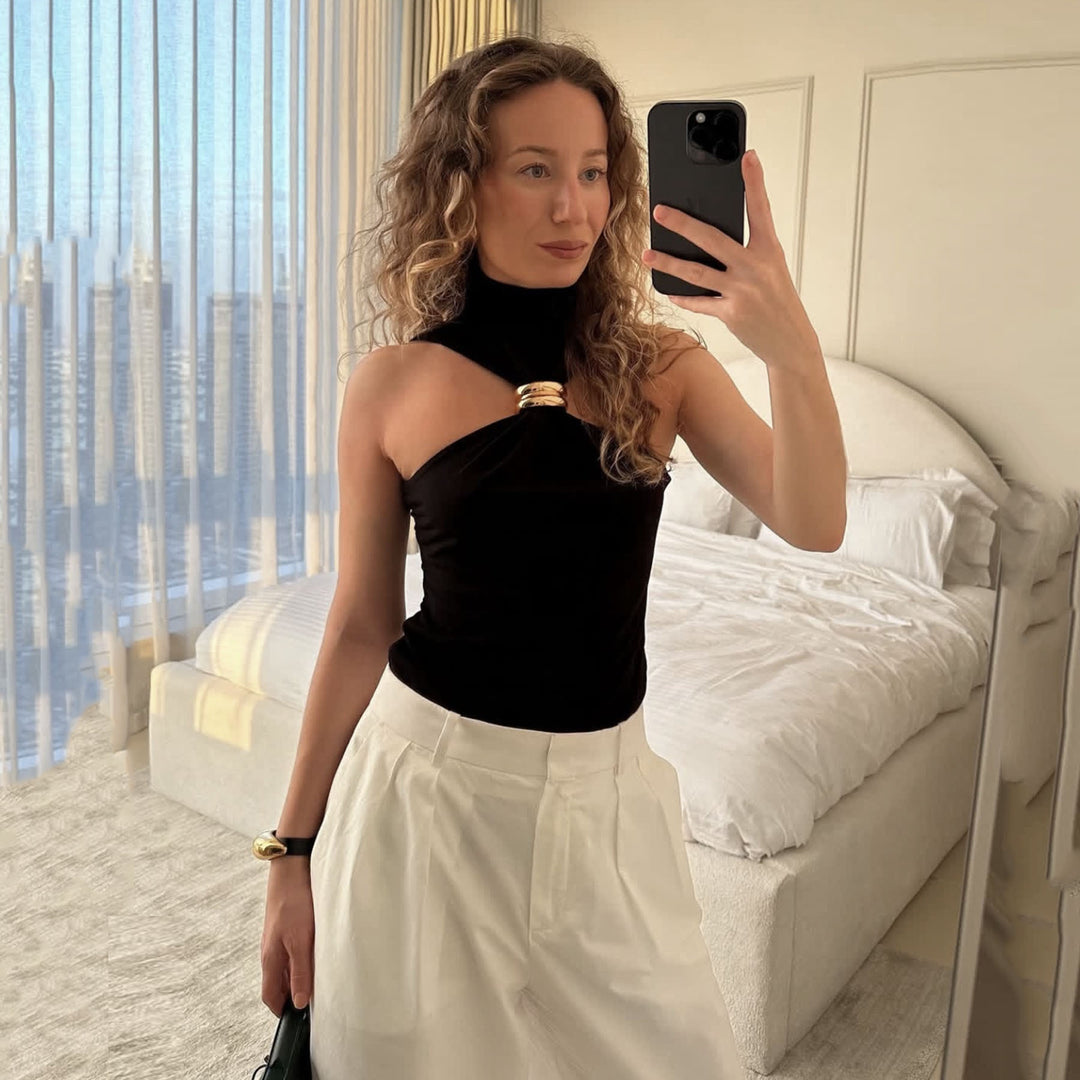 Multi-Color Gold Hardware High Neck Sleeveless Top | Cutout Bodycon Top for Women