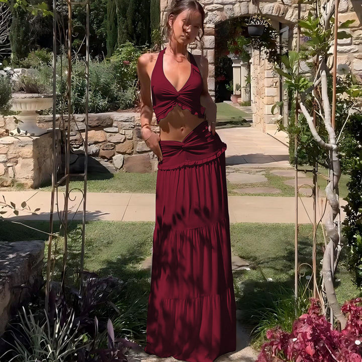 Halter Crop Top &amp;amp; Tiered Maxi Skirt Two-Piece Set