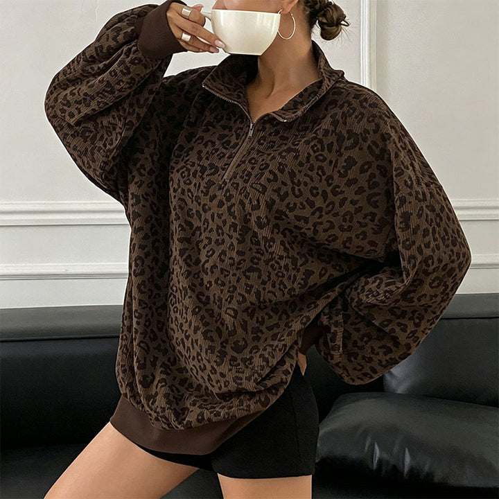 Leopard print stand-up collar pullover sweatshirt