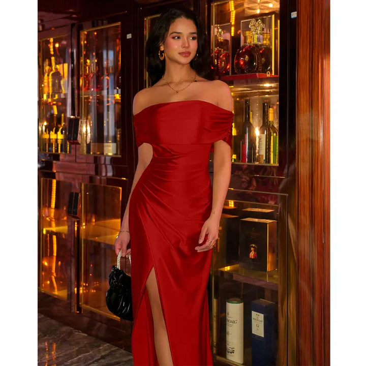 Champagne Satin Off-Shoulder Gown with Draped Detail &amp;amp; High Slit