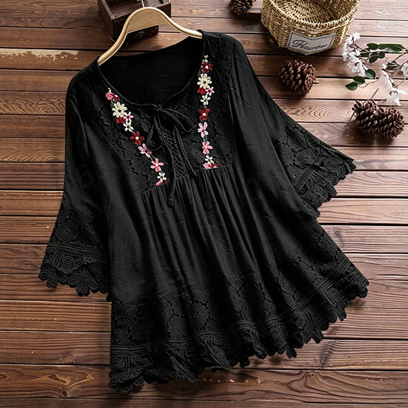 Lace-trimmed linen V-neck top